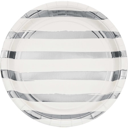 White And Silver Foil Striped Paper Plates, 9, 96PK
